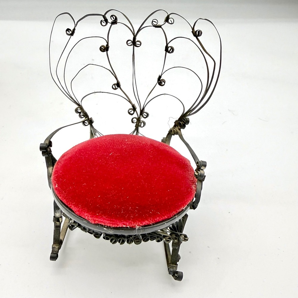 Antique‎ Tramp Art Miniature Rocking Chair Pincushion Red Velvet Tin Can Metal